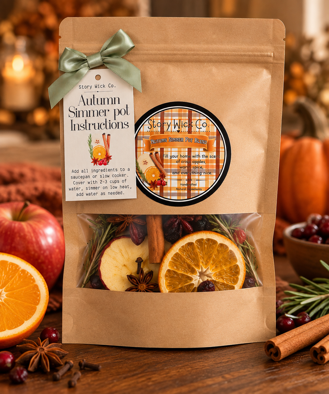 A kraft paper stand-up pouch of Story Wick Co. 'Autumn Simmer Pot Instructions' scented potpourri, styled on a rustic wooden table with autumn ingredients including an orange slice, apple, cinnamon sticks, star anise, and cranberries.