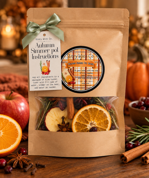 A kraft paper stand-up pouch of Story Wick Co. 'Autumn Simmer Pot Instructions' scented potpourri, styled on a rustic wooden table with autumn ingredients including an orange slice, apple, cinnamon sticks, star anise, and cranberries.