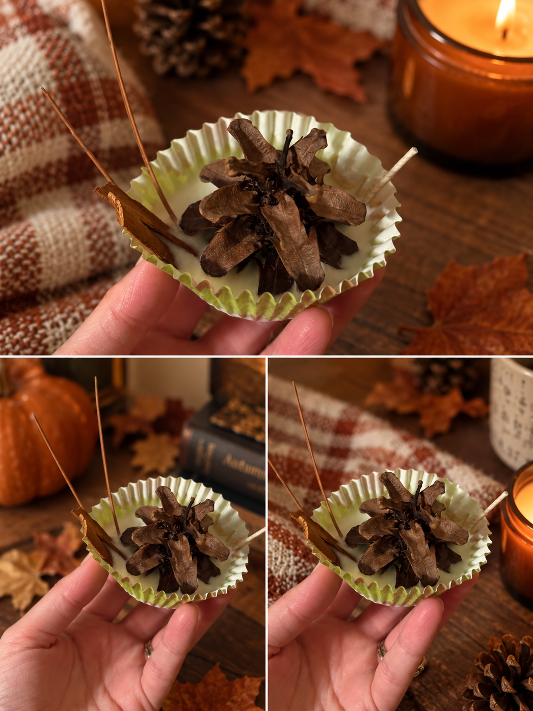 Three-panel collage showing a hand holding a small decorative pine cone fire starter in a white cup liner, with autumn leaves, a candle, and a pumpkin in the background.