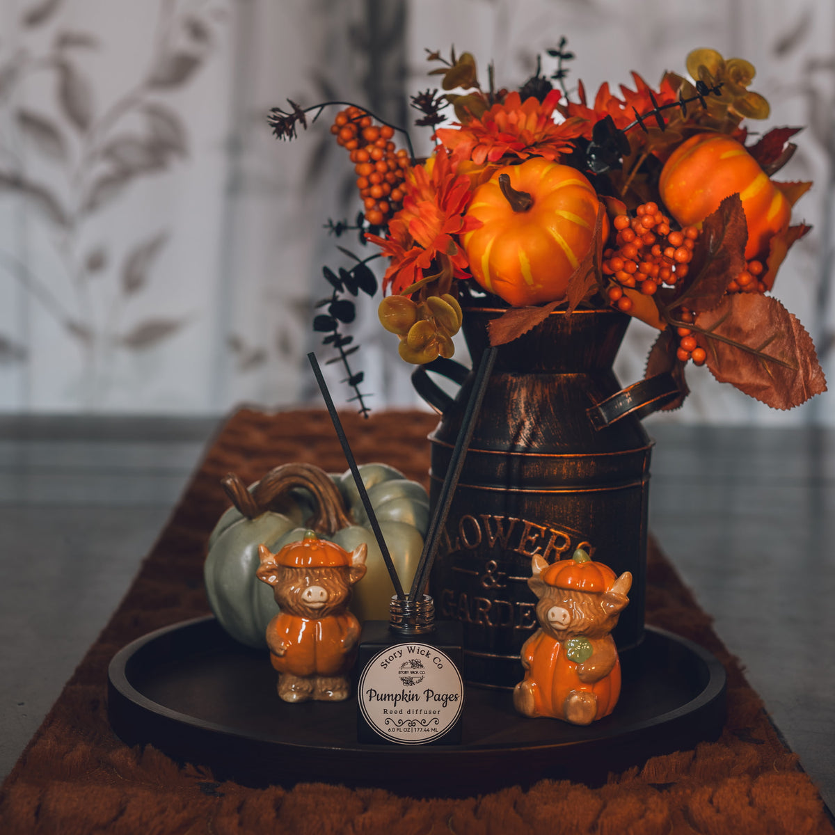 Pumpkin Pages 6 oz reed diffuser with warm pumpkin, cinnamon, vanilla, and buttery pie crust fragrance