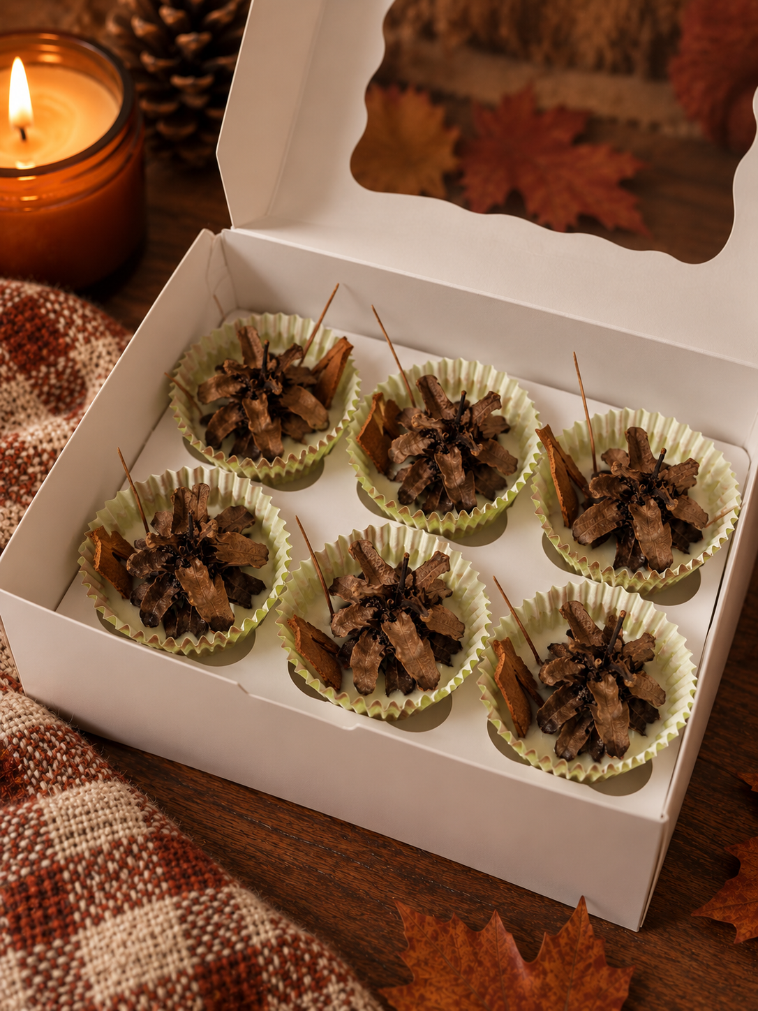 A white gift box containing six mini pinecone and cinnamon scented candles in light green paper cups, styled on a wooden surface with a lit candle, autumn leaves, and a plaid blanket.