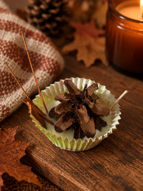 A small decorative fire starter in a white paper cup liner, topped with a brown pinecone and dried botanical pieces, styled on a wooden surface with autumn leaves, a candle jar, and a woven textile in the background.