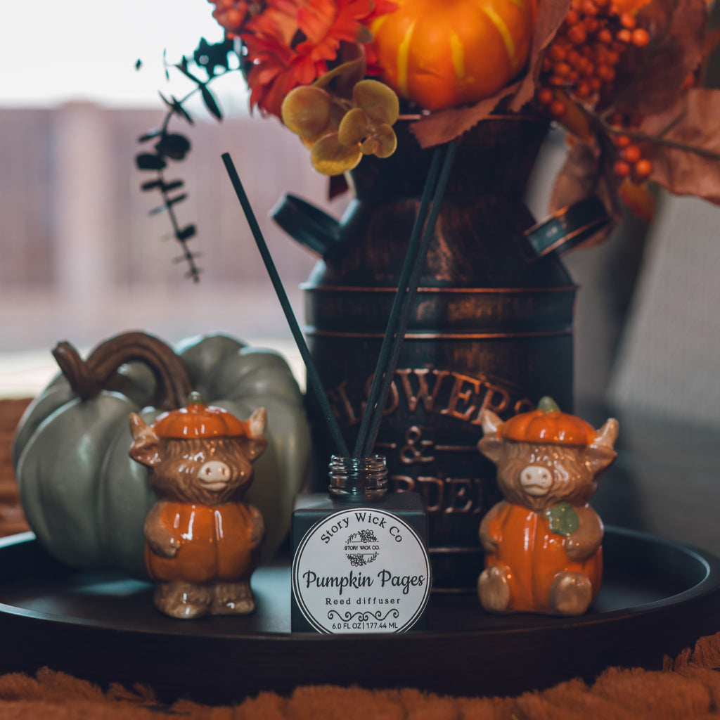 Pumpkin Pages 6 oz reed diffuser with warm pumpkin, cinnamon, vanilla, and buttery pie crust fragrance
