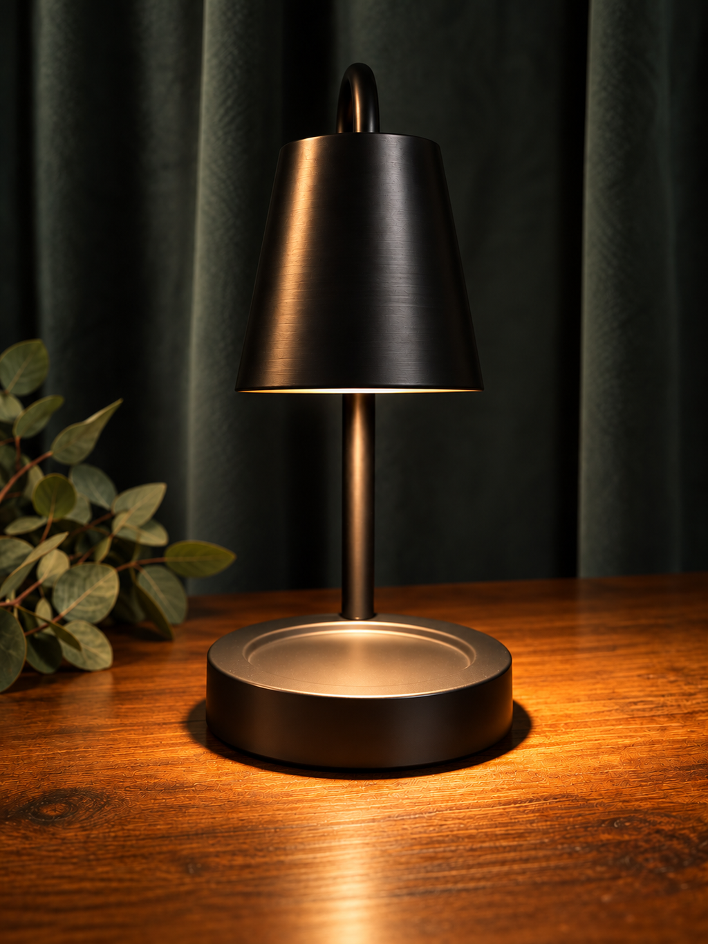 A modern table lamp with a matte black metal shade and base sits on a warm wooden table, casting a soft glow upward. Dark green curtains hang in the background, with a small green plant visible on the left side.