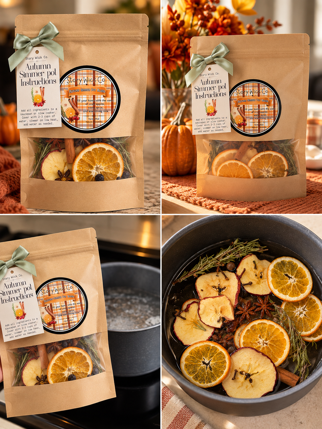 Four-panel collage showing a kraft paper pouch of autumn simmer pot ingredients with a clear window, tied with a mint ribbon. The product contents visible include dried orange slices, apple slices, cinnamon sticks, and rosemary sprigs.