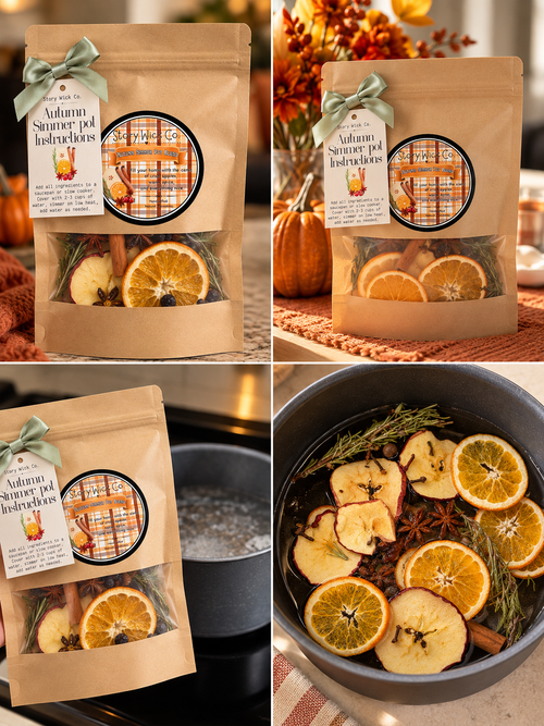 Four-panel collage showing a kraft paper pouch of autumn simmer pot ingredients with a clear window, tied with a mint ribbon. The product contents visible include dried orange slices, apple slices, cinnamon sticks, and rosemary sprigs.