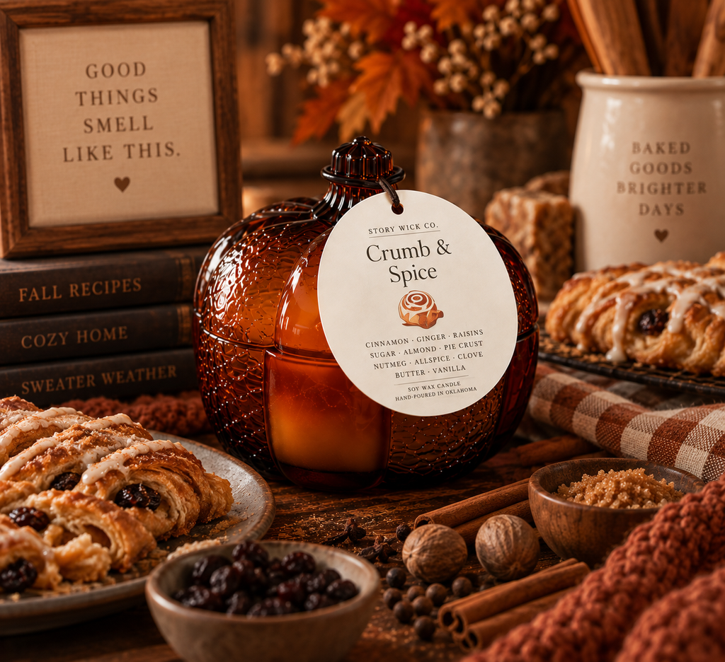 A decorative amber glass jar candle labeled 'Crumbs & Spice' by Store Wipe Co, styled on a rustic wooden table with baked goods, cinnamon sticks, and fall-themed decor.