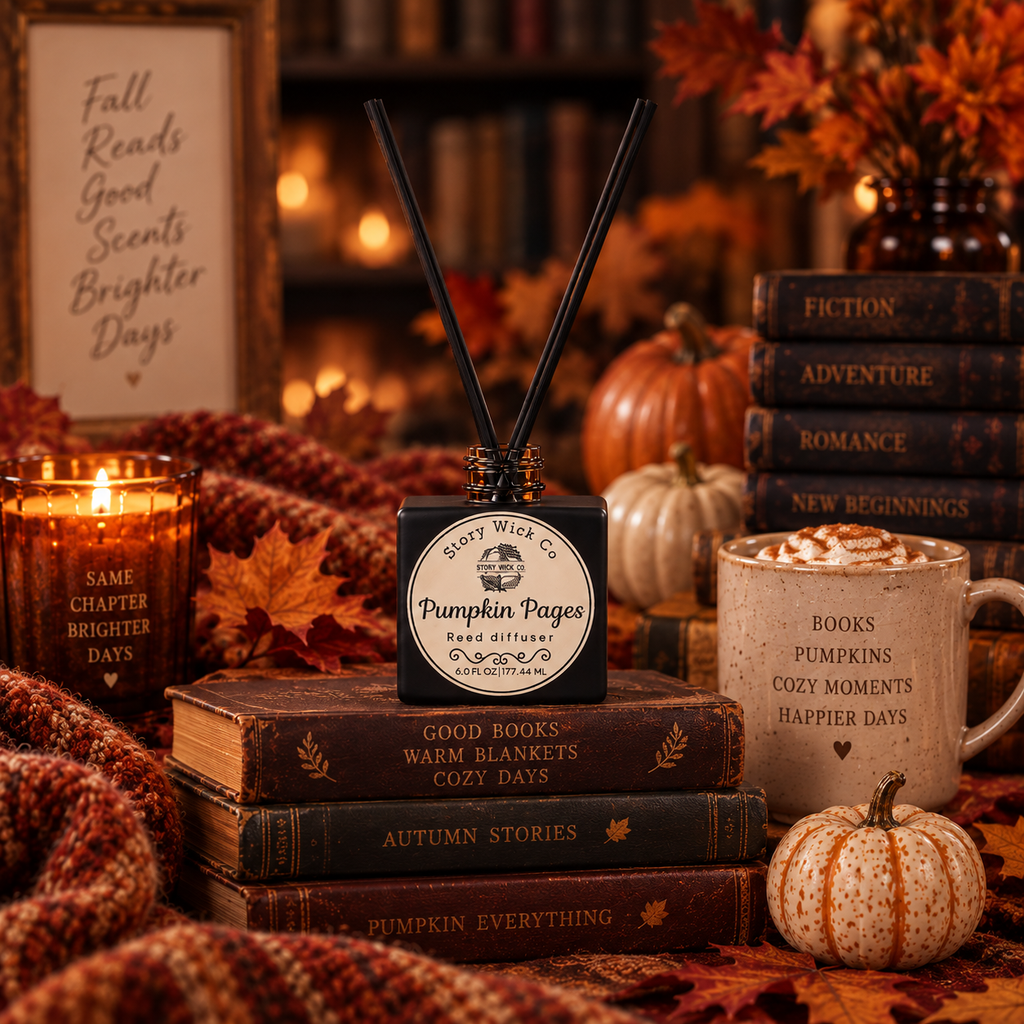 Pumpkin Pages 6 oz reed diffuser with warm pumpkin, cinnamon, vanilla, and buttery pie crust fragrance