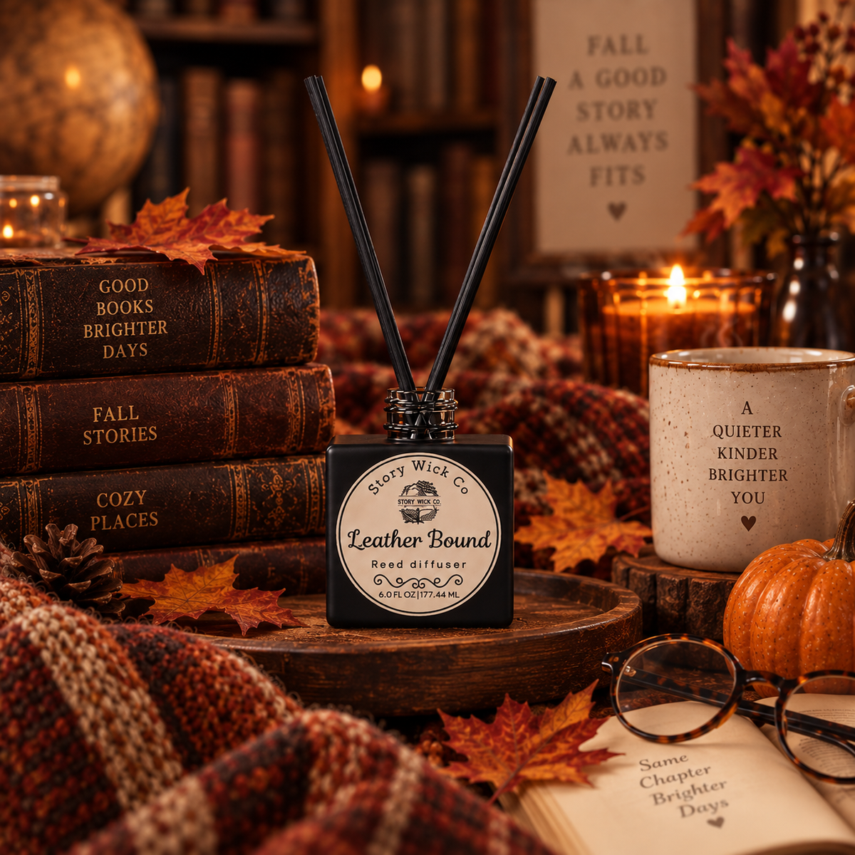 Leather Bound 6 oz reed diffuser with leather, tobacco leaf, amber, bergamot, and clove fragrance